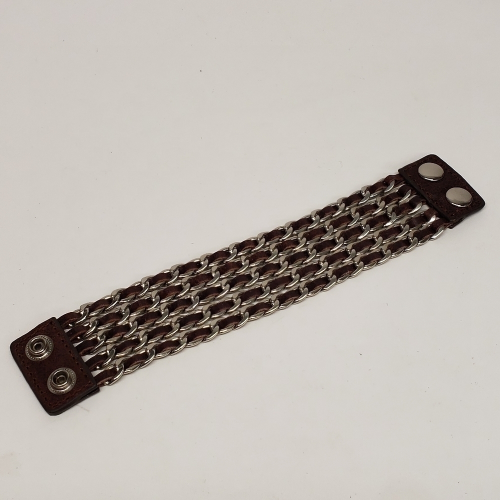 Womens Leather Metal Chain Links Bracelet Snap Closure - Picture 2 of 9